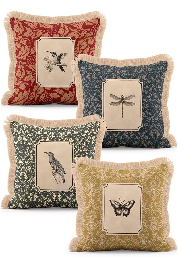 Vintage damask ve gravür baskılı kırlent kılıfı seti