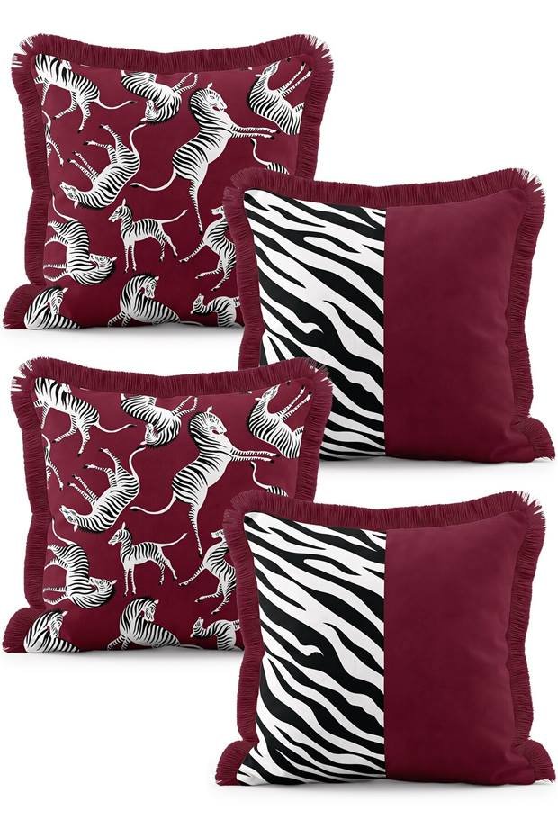 Bordo zebra desenli kırlent kılıfı seti